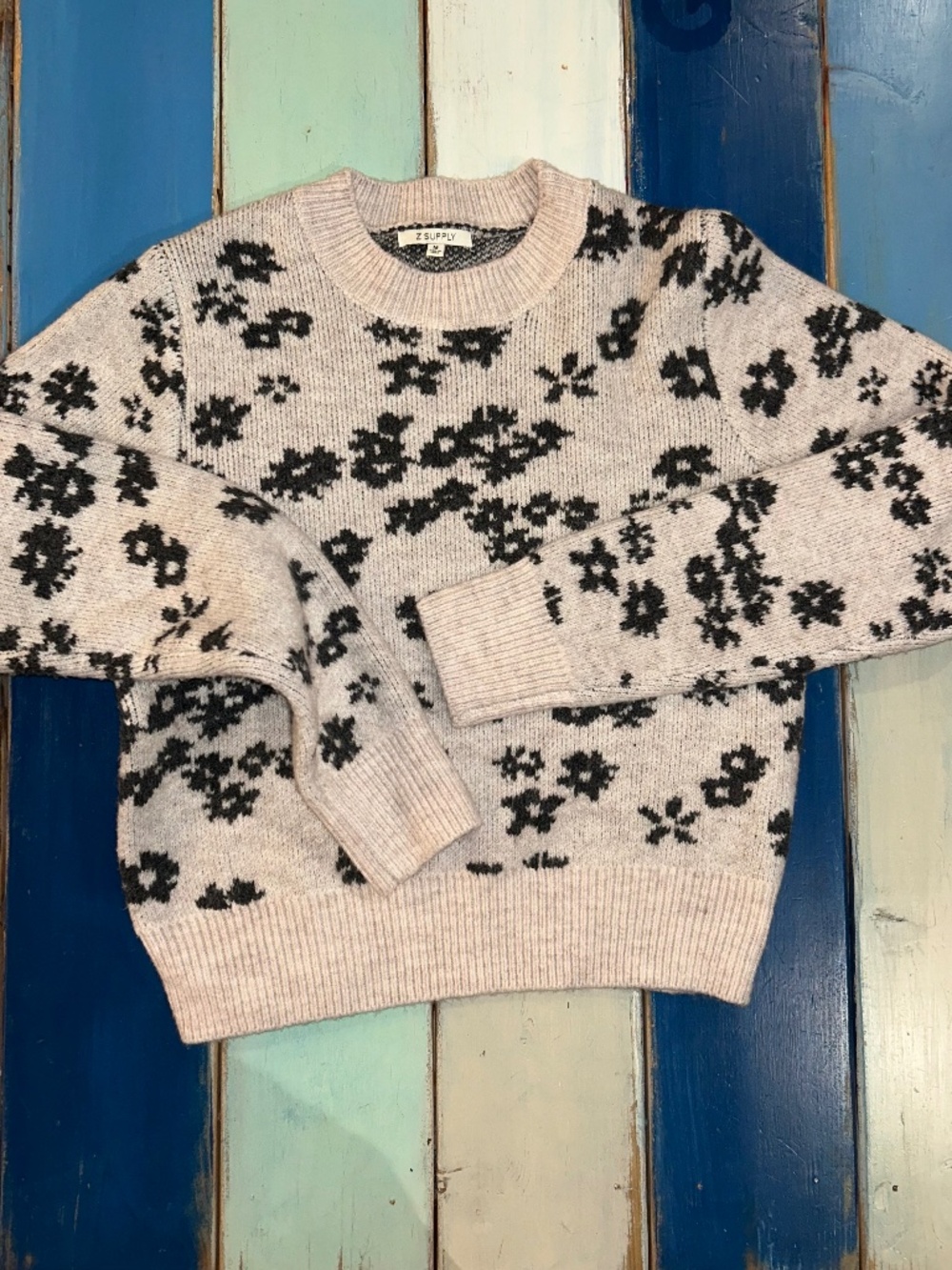 Z Supply Floral Jacquard Crewneck Sweater Women’s Medium Beige Black